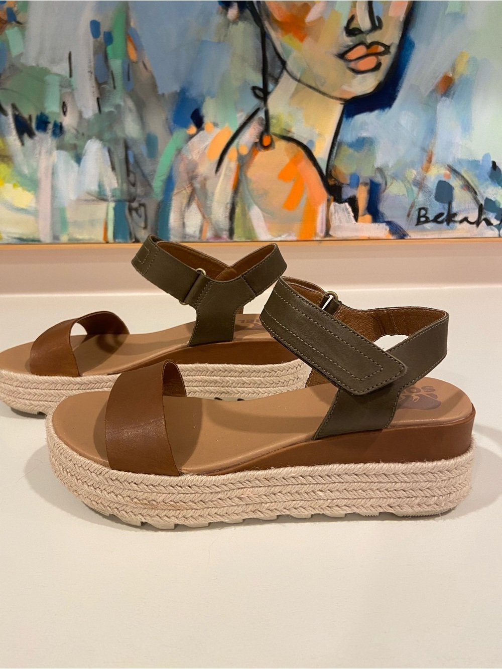 Sorel Olive and Brown leather Platform Espadrille Sandals
